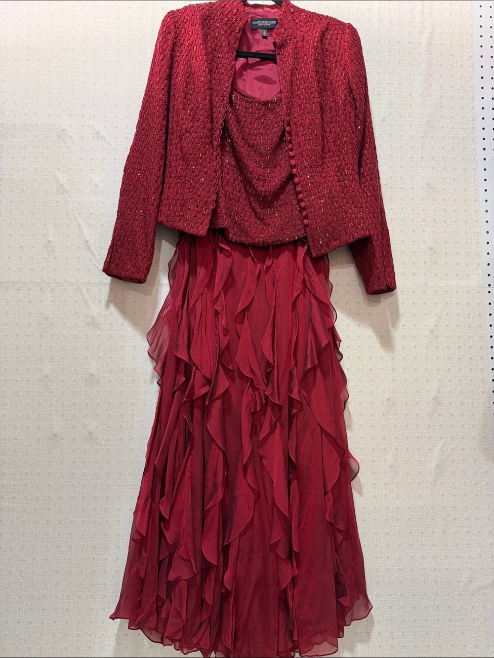 Carmen Marc Valvo Red Ruffled Maxi Dress with Beaded Jacket